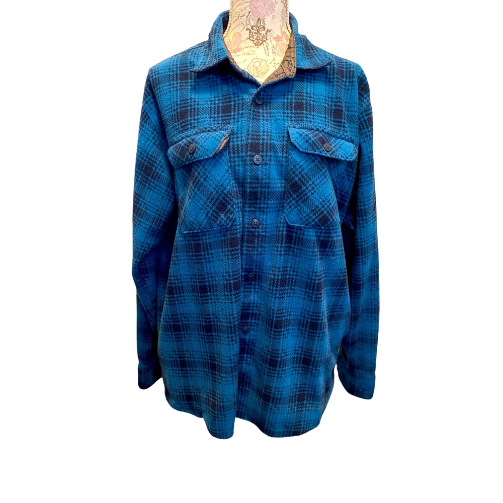 Authentic Wrangler Blue Black Plaid Fleece Button Up Long Sleeve Flannel Shirt